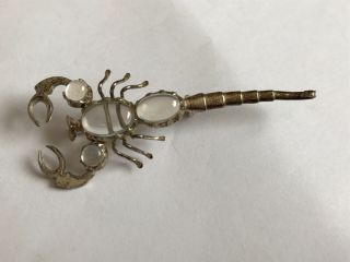 Vintage Silver Moonstone Scorpion Brooch Pin.  2 3/4”.