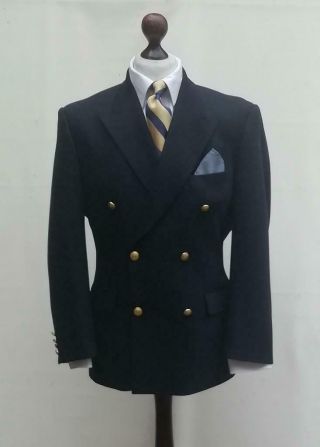 Marks & Spencer Vintage Navy Double Breasted Blazer Wool Gold Button Uk 40 Eu 50