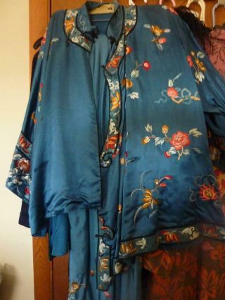 Vtg Chinese Blue Silk Embroidered Pajamas - Women 