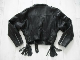Stunning Womens Vintage Soft Real Leather Biker Jacket Tassel Fringe Black Uk 12