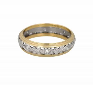 1930s Antique Art Deco 14k Two - Tone Gold 0.  16ctw Diamond Wedding Band Ring