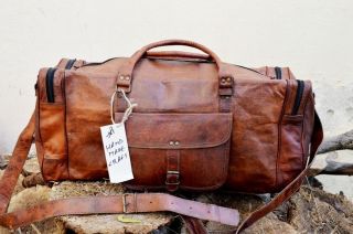 25 " Large Vintage Men Real Leather Tote Luggage Bag Travel Bag Duffle Gym Bag