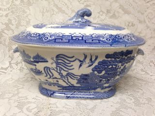 Antique,  Staffordshire England,  Large,  Blue Willow 12.  5inx8.  5inx8in Soup Tureen