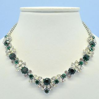 Vintage Necklace Austrian 1950s Green Clear Crystal Silvertone Bridal Jewellery