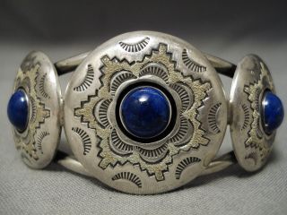 Detailed Vintage Navajo Hand Tooled Concho Lapis Sterling Silver Bracelet Old