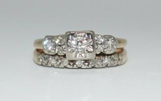 Classic 14k Y/gold Antique Wedding Set.  25 Ct Diamond Engagement Ring & Band Sz6