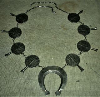 Vintage C.  1940 - 50 Navajo (literally) Coin Silver Squash Blossom Necklace Vafo