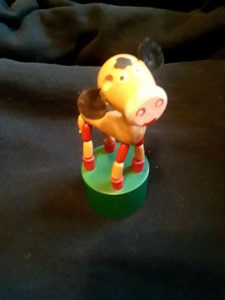 Vintage Wooden Collapsible Cow - Jointed Push - Up Button Collapsible Toy