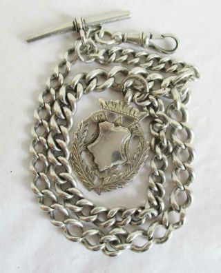 Antique Silver Double Albert Watch Chain Clip,  T - Bar,  Blank Fob Medal