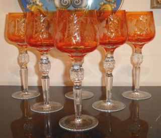 Vintage Bohemian Hortensia Crystal Cut Colored Stemware Wine Glasses 8 3/8 " H