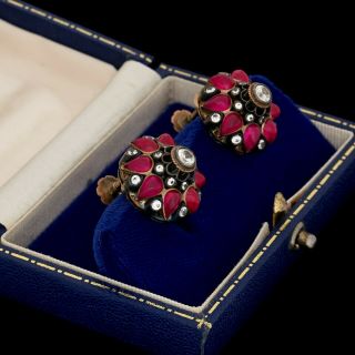 Antique Vintage Nouveau 14k Rose Gold Siam Princess Harem Ruby Sapphire Earrings