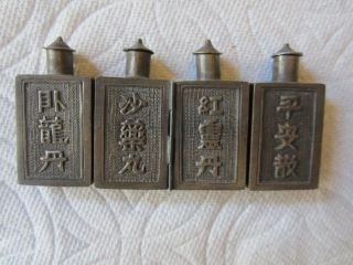 Chinese Antique Silver Over Brass 4 Hinged Snuff / Medicine Bottles.  Vgc Rare