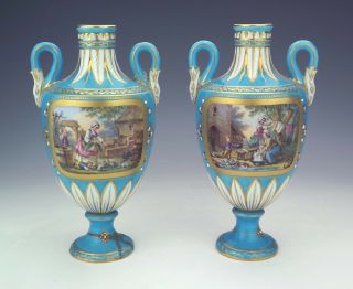 Antique Sevres Porcelain - Hand Painted Scenic Turquoise Glazed Vases