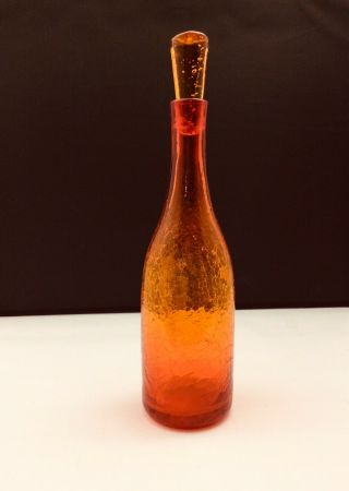 Vintage Blenko Tangerine Crackle Glass Bottle Decanter Wayne Husted