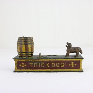 Antique Cast Iron Trick Dog Bank Orig.  Paint 1888 6 Part Base Hubley
