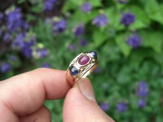 Vintage 3.  75ct Natural Burmese Ruby Ceylon Blue Sapphire Cabochon 14k Gold Ring