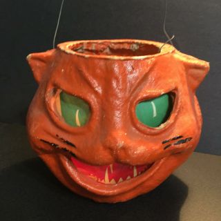 Vintage Halloween Paper Mache Pulp Orange Cat Jack O Lantern Insert 40s