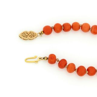 Antique Vintage Deco 14k Yellow Gold Chinese Carved Salmon Coral Beaded Necklace 3