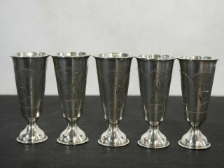 Russia Antique Russian 84 Silver Engraved 5 (five) Vodka Cordial Cup Set 115 Gr
