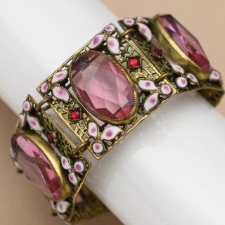 Vtg 1930’s Art Deco Pink Glass Dot And Leaf Enamel Wide Bracelet