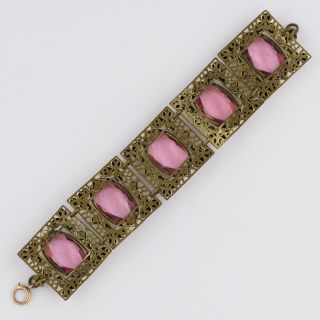 Vtg 1930’s Art Deco PINK Glass Dot and Leaf Enamel Wide Bracelet 4