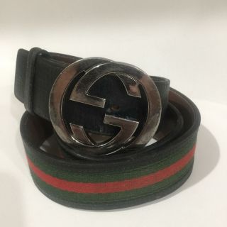 Vintage Gucci Italy Belt Sz 36 Double Gg Black Leather And Canvas 36 90