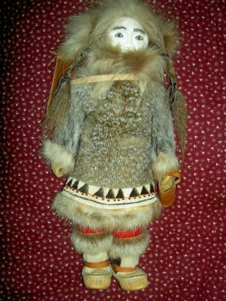 Authentic Antique,  Alaska Eskimo Inuit Doll,  Sealskin Fur,  Carved Face & Tackle