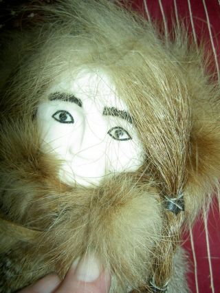 Authentic antique,  Alaska Eskimo Inuit doll,  sealskin fur,  carved face & tackle 3