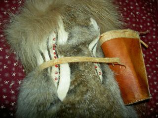 Authentic antique,  Alaska Eskimo Inuit doll,  sealskin fur,  carved face & tackle 4