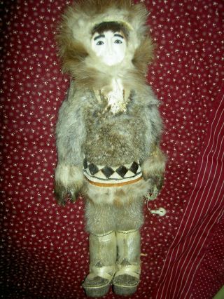 Authentic antique,  Alaska Eskimo Inuit doll,  sealskin fur,  carved face & tackle 9
