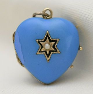 Antique Victorian Sterling Silver Blue Enamel Heart Star Locket Charm Pendant