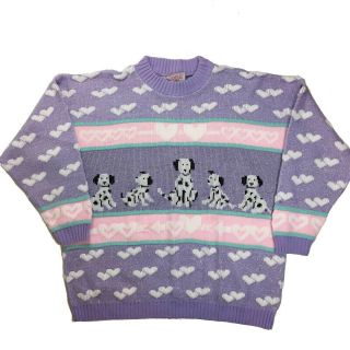 Vtg 80s Pastel Adele Knit Sweater Dalmatians Dog Fairy Kei Pepperoni Hearts