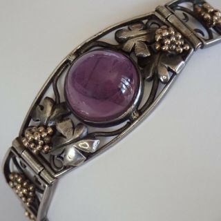 Antique Arts & Crafts Hand Wrought Sterling Silver Gold Amethyst Bracelet