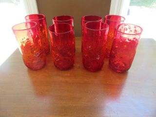8 - Vintage Blenko Pinched Dimpled Crackle Red Amberina Glass Tumblers 6 "
