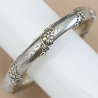 Antique Victorian 1899 Sterling Silver Repousse Flower Bangle Bracelet