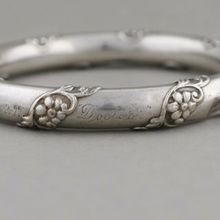 Antique Victorian 1899 Sterling Silver Repousse Flower Bangle Bracelet 5