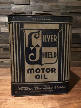 Vintage 1930s Silver Shield Motor Oil 2 Gallon Oil Can Western Tire Auto Sales