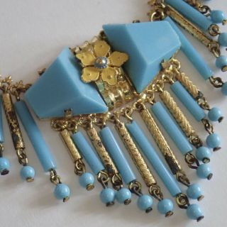 Vintage Art Deco Gold Gilt Enamel Turquoise Czech Glass Fringe Flower Necklace