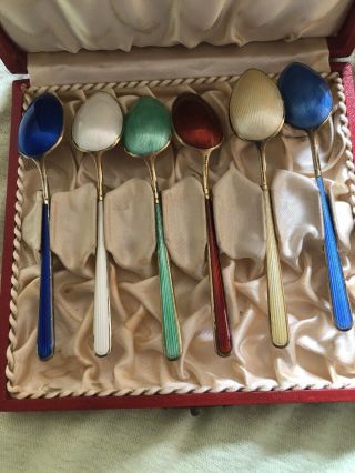 Vintage Sterling Denmark Enamel Demitasse Spoons Cased Set Of 6 Marked H.  G & S