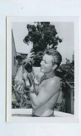 T677b Vintage 1950s Western Movie Actor Photo John Smith Poolside With A Puppy