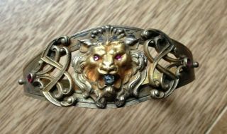 Antique Edwardian Gold Toned Lions Head Hinged Bangle Bracelet Rhinestones