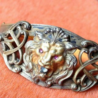 Antique Edwardian Gold Toned Lions Head Hinged Bangle Bracelet rhinestones 5