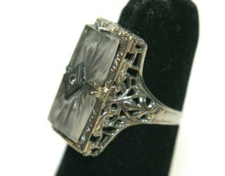 Antique Vintage 14k White Gold Camphor Glass Diamond Ring Sz 5