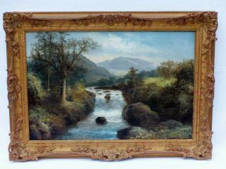 D.  Murrae Old Antique Oil Painting Rocky River Landscape 19th C.  1882 Gilt Frame