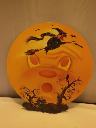 Vintage Halloween Decoration Moon Face Flying Witch Scary Trees & House