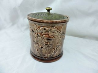 Vintage Porcelain Tobacco Jar Metal Lid Pipe Cigar Humidor Faces 5.  5 " Brown