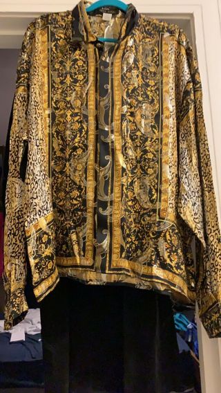 Vintage Mens Ceta Dolce Silk Shirt Animal Print Black Gold Metallic 1980s 2xl