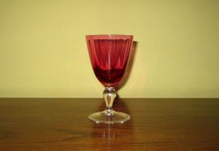 Vintage Set 6 Optic Cranberry Hand Blown Wine Glasses Clear Stem Goblets -