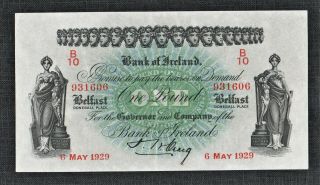Rare Belfast Unc/au Bank Of Ireland 1929 £1 (j.  H,  Craig) Banknote 1st Date
