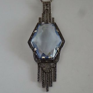 Antique German Art Deco Sterling Silver Marcasite Blue Paste Pendant Necklace